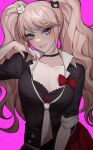  1girl bamme_o3o bangs bear_hair_ornament black_choker black_neckwear black_shirt blue_eyes bow bra breasts choker cleavage collarbone commentary_request cowboy_shot danganronpa:_trigger_happy_havoc danganronpa_(series) enoshima_junko eyebrows_visible_through_hair hair_ornament hand_up highres large_breasts long_hair nail_polish necktie pink_background pleated_skirt red_bow red_nails red_skirt shiny shiny_hair shirt simple_background skirt smile solo teeth twintails underwear white_neckwear 