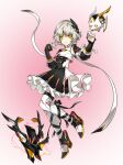  1girl android artist_request code:_failess_(elsword) drone earpiece elsword eve_(elsword) facial_mark finger_cots floating forehead_jewel frills full_body leg_ribbon looking_at_viewer moby_(elsword) official_art remy_(elsword) ribbon short_hair transparent_background wavy_hair 