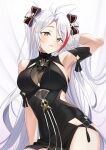  1girl antenna_hair arm_behind_head arm_up armpits azur_lane black_dress black_ribbon breasts dress eyebrows_visible_through_hair hair_ribbon highres iron_cross large_breasts long_hair looking_at_viewer multicolored_hair orange_eyes prinz_eugen_(azur_lane) prinz_eugen_(cordial_cornflower)_(azur_lane) ribbon silver_hair sleeveless sleeveless_dress solo streaked_hair two_side_up xiaoxiao_de_kuangsan 