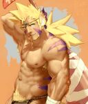  1boy abs animal_ears armpit_hair armpit_peek bara bare_pectorals blonde_hair breath_of_fire breath_of_fire_iv cray_(breath_of_fire) dark-skinned_male dark_skin excessive_pubic_hair facial_hair facial_mark goatee green_eyes highres holding holding_weapon loincloth long_hair long_sideburns looking_at_viewer male_focus male_pubic_hair mature_male muscular muscular_male navel navel_hair nipples pectorals pubic_hair rumlockerart sideburns solo stomach tiger_boy tiger_ears tiger_stripes weapon 