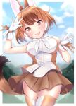  1girl animal_ears bangs blouse blue_sky bob_cut brown_eyes brown_hair brown_legwear brown_skirt cloud cloudy_sky commentary_request cowboy_shot day dhole_(kemono_friends) dog_ears dog_girl dog_tail eyebrows_visible_through_hair fang gloves head_tilt highres kemono_friends kemono_friends_3 kinou_no_shika looking_at_viewer medium_hair miniskirt multicolored_hair neck_ribbon open_mouth outdoors pleated_skirt ribbon salute short_hair skirt sky sleeveless_blouse smile solo standing tail thighhighs white_blouse white_gloves white_hair white_neckwear 