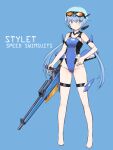  1girl barefoot blue_background blue_eyes blue_hair competition_swimsuit frame_arms_girl gun holding holding_gun holding_weapon low_twintails one-piece_swimsuit shimada_fumikane solo stylet swimsuit twintails weapon 