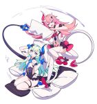  2girls :d bangs bare_shoulders black_gloves blue_eyes food food_in_mouth full_body gloves hair_between_eyes hair_ornament holding holding_pillow honkai_(series) honkai_impact_3rd horns liliya_olenyeva long_hair looking_at_another mango_cat multiple_girls open_mouth pillow pink_hair popsicle rozaliya_olenyeva seiza shoe_soles siblings single_horn sitting smile tail thick_eyebrows thighhighs twins v-shaped_eyebrows white_background white_legwear 