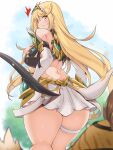  bangs bare_legs bare_shoulders blonde_hair breasts cleavage cleavage_cutout clothing_cutout dress earrings elbow_gloves gloves highres jewelry kurokaze_no_sora large_breasts long_hair mythra_(xenoblade) short_dress swept_bangs thigh_strap tiara tora_(xenoblade_2) very_long_hair white_dress white_gloves xenoblade_chronicles_(series) xenoblade_chronicles_2 yellow_eyes 