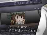  1girl bow cat chibi error_musume eyebrows_visible_through_hair girl_holding_a_cat_(kancolle) hat it_(stephen_king) kantai_collection keyboard_(computer) looking_at_viewer monitor parody pov scene_reference short_twintails solid_eyes subtitled translated twintails uraguchi_hiiro white_cat yellow_bow 