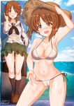  1girl :d aquaegg ass_visible_through_thighs bag bangs bikini black_legwear blush breasts brown_eyes brown_footwear brown_hair cleavage commentary_request cowboy_shot eyebrows_visible_through_hair full_body girls_und_panzer green_skirt hand_on_headwear hat highres looking_at_viewer medium_breasts navel nishizumi_miho ooarai_school_uniform open_mouth pleated_skirt sailor_collar school_bag school_uniform serafuku shirt side-tie_bikini signature skirt smile socks straw_hat swimsuit thighs uniform upper_teeth wet white_bikini white_sailor_collar white_shirt 