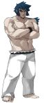  1boy abs bangs barefoot belt black_belt black_hair black_wristband bruno_(pokemon) closed_mouth commentary_request crossed_arms frown full_body large_pectorals long_hair male_focus maou_abusorun muscular muscular_male navel pants pectorals pokemon pokemon_(game) pokemon_hgss shirtless solo standing thick_eyebrows toes white_pants wristband 