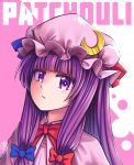  1girl absurdres bangs blue_bow blue_ribbon blunt_bangs blush bow bowtie capelet character_name closed_mouth commentary crescent crescent_hat_ornament crescent_pin expressionless hair_bow hat hat_ornament hat_ribbon highres long_hair looking_at_viewer mob_cap patchouli_knowledge purple_eyes purple_hair red_bow red_neckwear red_ribbon ribbon senpaihawkkun solo touhou upper_body 