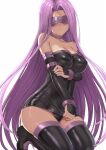  1girl black_dress black_footwear black_panties black_sleeves blindfold boots breasts covered_nipples detached_sleeves dress fate/stay_night fate_(series) hakaba_(dairiseki) highres large_breasts long_hair long_sleeves medusa_(fate) medusa_(rider)_(fate) panties purple_hair shiny shiny_hair shiny_skin short_dress simple_background solo strapless strapless_dress thigh_boots thighhighs underwear very_long_hair white_background 