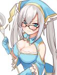  1girl :3 absurdres ars_almal blue_eyes blue_gloves blush breasts cleavage cleavage_cutout closed_mouth clothing_cutout eyebrows_visible_through_hair glasses gloves highres large_breasts long_hair looking_at_viewer nijisanji silver_hair smile solo twintails tyoko_tanuki16 virtual_youtuber 