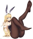 1girl animal_ears ass azur_lane bare_shoulders bell black_bow black_legwear black_leotard blonde_hair blue_eyes bow breasts cleavage cuff_links detached_collar extra_ears fake_animal_ears full_body highres large_breasts legs leotard long_hair looking_at_viewer luoloo neck_bell no_shoes north_carolina_(azur_lane) north_carolina_(the_heart&#039;s_desire)_(azur_lane) official_alternate_costume pantyhose playboy_bunny rabbit_ears simple_background skin_tight soles solo strapless strapless_leotard very_long_hair white_background wrist_cuffs 