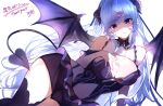  1girl absurdres bare_shoulders black_legwear blue_hair breasts cleavage cleavage_cutout clothing_cutout commission demon_girl demon_horns demon_tail demon_wings detached_sleeves hair_ornament highres horns large_breasts looking_at_viewer lying navel navel_cutout on_side original purple_eyes skeb_commission smile solo tail thighhighs tomocha_(tmc_tmc8) wings 