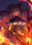  1girl breasts double_bun eiyuu_senki eiyuu_senki_ww flaming_sword flaming_weapon haruhito_(pixiv56745) highres medium_breasts night outdoors purple_hair red_eyes solo standing two_side_up yamato_takeru_(eiyuu_senki) 