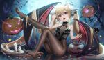  1girl animal_ears bangs bare_arms bare_shoulders bare_tree bat black_cat blonde_hair blurry blurry_background bodystocking brown_bodysuit candle candy cat claw_pose demon_tail demon_wings extra_ears eyebrows_visible_through_hair feet fh_moya food full_body full_moon hair_between_eyes hair_ornament hair_ribbon halloween_bucket highres jack-o&#039;-lantern knee_up leg_up long_hair looking_at_viewer moon nail_polish night no_shoes open_mouth original pom_pom_(clothes) pom_pom_hair_ornament red_nails ribbon sitting solo sparkle star_(symbol) tail tail_raised thick_eyebrows tongue tongue_out tree twintails very_long_hair wings yellow_eyes 