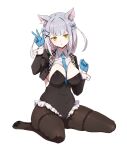  1girl animal_ears bangs black_legwear blue_gloves blush breasts cat_ears clenched_hand covered_navel gloves highres medium_hair necktie original pantyhose playboy_bunny silver_hair simao_(x_x36131422) sitting smile solo w wariza yellow_eyes 