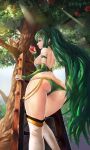  1girl animal apple ass back bare_back bikini black_wolf copyright_request earrings food from_below fruit green_eyes green_hair highres holding holding_food holding_fruit jewelry ladder light_particles light_rays long_hair open_mouth ponytail solo squirrel sweat swimsuit thighhighs tiara tree 
