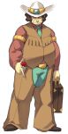  1boy belt briefcase brown_footwear brown_hair brown_shirt brown_vest clay_(pokemon) closed_mouth commentary_request cowboy_hat frown full_body green_neckwear green_pants hat holding holding_briefcase long_sleeves male_focus maou_abusorun necktie pants poke_ball pokemon pokemon_(game) pokemon_bw shirt shoes solo vest 