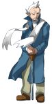  1boy blue_coat brown_footwear buttons cane closed_mouth coat commentary_request full_body green_pants holding holding_cane long_sleeves looking_at_viewer male_focus maou_abusorun old old_man pants pokemon pokemon_(game) pokemon_hgss pryce_(pokemon) scarf shoes short_hair solo white_hair white_scarf 