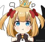  1girl :t bangs bare_shoulders black_gloves black_wings blonde_hair blue_eyes bow closed_mouth crown dress elbow_gloves eyebrows_visible_through_hair gloves hair_bow hands_up looking_at_viewer maaru_(shironeko_project) miicha mini_crown mismatched_wings pout red_bow shironeko_project simple_background solo tilted_headwear twitter_username two_side_up upper_body white_background white_dress white_wings wings 