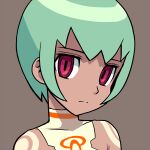  1girl bare_shoulders closed_mouth dark-skinned_female dark_skin face green_hair hair_between_eyes hair_ornament head_tilt looking_at_viewer mega_man_(series) mega_man_legends mega_man_legends_2 muu_(mumumer) portrait red_eyes sera_(mega_man) short_hair simple_background solo 