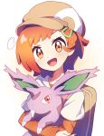  1girl :d backpack bag bangs blush brown_bag brown_headwear collarbone commentary_request gen_1_pokemon hair_ornament hairclip hat highres holding holding_pokemon looking_at_viewer mushuu nidoran nidoran_(male) open_mouth orange_eyes orange_hair orange_shirt pokemon pokemon_(anime) pokemon_(creature) poketoon shirt short_hair smile tongue tsubomi_(pokemon) upper_body white_shirt 