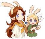  1boy 1girl blonde_hair blue_eyes brown_hair bunny_hood_(the_legend_of_zelda) closed_mouth dress hat kanyoko_(yuzukano_17) link long_hair looking_at_viewer open_mouth pointy_ears romani_(zelda) shield simple_background smile sword the_legend_of_zelda the_legend_of_zelda:_majora&#039;s_mask weapon 