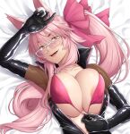  1girl absurdres animal_ear_fluff animal_ears ao_banana areola_slip areolae bangs bikini black_bodysuit blush bodysuit bow breasts center_opening choker cleavage fangs fate/grand_order fate_(series) fox_ears fox_girl glasses hair_between_eyes hair_bow highres koyanskaya_(fate) large_breasts long_hair looking_at_viewer lying on_back open_mouth pink_bikini pink_bow pink_hair ponytail sidelocks smile solo swimsuit tamamo_(fate) yellow_eyes 