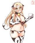  1girl alternate_costume animal_ears animal_print artist_logo bangs bell bikini blonde_hair blunt_bangs breasts commentary_request covered_nipples cow_ears cow_horns cow_print cow_tail cowbell cowboy_shot cup dated elbow_gloves fake_animal_ears fake_horns gloves green_eyes groin horns kanon_(kurogane_knights) kantai_collection large_breasts long_hair looking_at_viewer navel northampton_(kancolle) one-hour_drawing_challenge saucer semi-rimless_eyewear side-tie_bikini simple_background solo swimsuit tail teacup thighhighs white_background white_bikini white_gloves white_legwear 