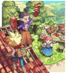  1girl 2boys arm_up black_hair blonde_hair brown_eyes day dragon_quest dragon_quest_builders_2 dress gloves highres long_hair male_builder_(dqb2) multiple_boys open_mouth orange_pants pants pink_hair pointy_ears puffy_sleeves purple_shirt red_eyes red_gloves ruru_(dqb2) sasumata_jirou shirt side_ponytail sidoh_(dqb2) smile spiked_hair tree 