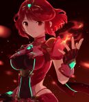  1girl bangs black_gloves breasts chest_jewel earrings fingerless_gloves gem gloves headpiece jewelry large_breasts pyra_(xenoblade) red_eyes red_hair short_hair solo swept_bangs tiara xenoblade_chronicles_(series) xenoblade_chronicles_2 yuni_(unitary_580) 