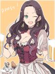 1boy 2girls ;d alcohol alternate_costume apron beer bodice border breasts brown_hair choker cleavage cup dirndl dorothea_arnault dress earrings ferdinand_von_aegir fire_emblem fire_emblem:_three_houses german_clothes green_eyes holding holding_cup jewelry large_breasts long_hair manuela_casagranda multiple_girls one_eye_closed open_mouth puffy_short_sleeves puffy_sleeves short_sleeves simple_background smile solo_focus tenjin_(ahan) waist_apron waitress white_border yellow_background 