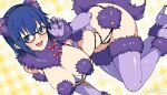  1girl alternate_costume animal_ear_fluff animal_ears bangs black-framed_eyewear black_nails blue_eyes blue_hair blush breasts ciel_(tsukihime) claw_pose cleavage cosplay elbow_gloves fake_animal_ears fake_tail fang fate/grand_order fate_(series) fur-trimmed_collar fur-trimmed_gloves fur-trimmed_legwear fur_trim glasses gloves hair_between_eyes hand_up high_heels kemonomimi_mode large_breasts looking_at_viewer mash_kyrielight mash_kyrielight_(dangerous_beast) mash_kyrielight_(dangerous_beast)_(cosplay) mizuki_makoto o-ring o-ring_top open_mouth pink_ribbon purple_gloves purple_legwear revealing_clothes ribbon short_hair smile solo tail thighhighs tsukihime tsukihime_(remake) wolf_ears wolf_tail 