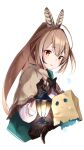  1girl bag brown_cloak brown_corset cloak feather_hair_ornament feathers friend_(nanashi_mumei) hair_ornament hieroglyphics highres holocouncil hololive hololive_english nanashi_mumei paper_bag runes solo virtual_youtuber yuyaiyaui 