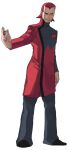  1boy black_footwear coat commentary_request full_body grey_pants holding holding_poke_ball long_sleeves male_focus maou_abusorun maxie_(pokemon) pants parted_lips poke_ball poke_ball_(basic) pokemon pokemon_(game) pokemon_rse red_coat red_hair shoes short_hair smile solo team_magma 