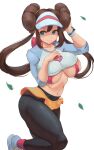  1girl absurdres black_legwear blue_eyes breasts brown_hair clothes_lift covered_nipples double_bun hand_in_hair hand_on_own_chest highres knee_up large_breasts leggings lesott long_sleeves looking_to_the_side navel pokemon pokemon_(game) pokemon_bw2 rosa_(pokemon) shirt shirt_lift shoes skirt smile sneakers solo twintails visor visor_cap white_background 