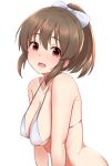  1girl bikini bow breasts brown_hair collarbone hair_bow hori_yuko idolmaster idolmaster_cinderella_girls looking_at_viewer medium_breasts open_mouth ponytail red_eyes short_hair solo swimsuit tomajiyama white_bikini white_bow 