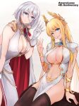  2girls :d anniversary arm_support azur_lane bangs bare_shoulders black_legwear blonde_hair blue_eyes breasts cape center_opening china_dress chinese_clothes cleavage closed_mouth clothing_cutout commentary_request cowboy_shot cross cross_earrings dress earrings epaulettes evening_gown eyebrows_visible_through_hair gloves gold_trim hair_between_eyes halter_dress halterneck head_wreath highres iron_blood_(emblem) jewelry large_breasts long_hair looking_at_viewer marshall_k multiple_girls navel official_alternate_costume open_mouth pelvic_curtain ribbon short_hair short_sleeves sidelocks silver_hair simple_background sitting skindentation sleeveless sleeveless_dress smile standing stomach_cutout thighhighs tirpitz_(azur_lane) tirpitz_(iron_blood_snowstorm)_(azur_lane) upper_teeth very_long_hair victorious_(azur_lane) victorious_(guidance_of_the_spring_goddess)_(azur_lane) white_background white_cape white_dress white_gloves wrist_ribbon 