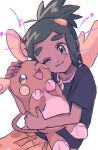  1boy alolan_form alolan_raichu anzu_(01010611) black_shirt blush closed_mouth dark-skinned_male dark_skin gen_7_pokemon green_hair hau_(pokemon) highres holding holding_pokemon male_focus one_eye_closed orange_shorts pokemon pokemon_(creature) pokemon_(game) pokemon_sm shirt short_hair short_ponytail shorts smile star_(symbol) 