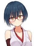  1girl blue_hair blush breasts brown_eyes cleavage close-up closed_mouth collarbone eyebrows_visible_through_hair glasses highres large_breasts looking_at_viewer nijisanji red-framed_eyewear short_hair sleeveless smile solo tyoko_tanuki16 upper_body virtual_youtuber yamagami_karuta 