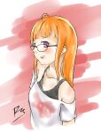  1girl absurdres ahoge bangs bare_shoulders black_tank_top black_undershirt blunt_bangs blush glasses highres hime_cut long_hair looking_to_the_side off-shoulder_shirt off_shoulder orange_hair persona persona_5 purple_eyes red_background rizasu sakura_futaba shirt short_sleeves signature simple_background smile solo t-shirt tank_top teeth two-tone_background white_background white_shirt 