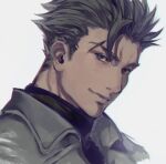  1boy 86_-eightysix- black_eyes black_hair black_sweater dark-skinned_male dark_skin eyebrow_cut grey_background grey_jacket hair_behind_ear hair_slicked_back jacket looking_at_viewer male_focus portrait raiden_shuga scar shirabi smile solo sweater 