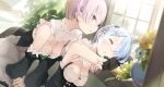  2girls arm_pillow bed bent_over blue_hair bob_cut breasts cleavage closed_eyes flower frills hair_ornament hairclip indoors leaning_on_object looking_at_another maid multiple_girls one_eye_covered pink_hair ram_(re:zero) re:zero_kara_hajimeru_isekai_seikatsu red_eyes rem_(re:zero) short_hair sitting sleeping sunlight tannneto vase whispering window windowsill yellow_flower 