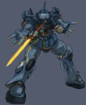 blue_background energy_sword gouf gundam holding holding_sword holding_weapon mecha mobile_suit mobile_suit_gundam no_humans open_hand redesign reverse_grip science_fiction solo spikes sword weapon yamada_yuuji zeon 