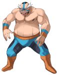  1boy belly black_eyes blue_legwear boots commentary_request crasher_wake facial_hair full_body leggings legs_apart male_focus maou_abusorun mask muscular muscular_male nipples orange_footwear pectorals plump pokemon pokemon_(game) pokemon_dppt shirtless short_hair smile solo standing wrestling_mask wrestling_outfit wristband 