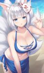  1girl :o animal_ear_fluff animal_ears azur_lane bangs beach bikini blue_bikini blue_eyes blush breasts cleavage collarbone commentary commentary_request eyebrows_visible_through_hair fox_ears fox_mask fox_shadow_puppet fox_tail highres kaga_(azur_lane) kaga_(everlasting_killing_stone)_(azur_lane) kyousaki_nao large_breasts looking_at_viewer mask mask_on_head navel short_hair solo swimsuit tail water white_hair 