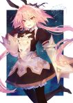  1boy absurdres astolfo_(fate) astolfo_(saber)_(fate) bangs black_dress black_gloves black_legwear blush border bow bowtie dogdogwanwan dress fate/grand_order fate_(series) gloves hair_bow hair_intakes hair_ribbon highres juliet_sleeves layered_skirt long_hair long_sleeves looking_at_viewer low_twintails multicolored_hair open_mouth otoko_no_ko pink_hair puffy_sleeves purple_eyes ribbon skirt sky smile solo star_(sky) starry_sky streaked_hair thighs twintails white_border white_hair white_skirt wide_sleeves 