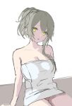  1girl alternate_hairstyle blush breasts commentary_request cowboy_shot ff_frbb122 girls&#039;_frontline grey_hair hair_between_eyes highres long_hair looking_at_viewer naked_towel open_mouth sitting sketch smile solo star_(symbol) sweat symbol-shaped_pupils towel ump40_(girls&#039;_frontline) white_background yellow_eyes 
