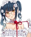  1girl absurdres bare_shoulders blue_hair blush breasts brown_eyes cleavage closed_mouth collarbone dress eyebrows_visible_through_hair flower glasses gloves hair_flower hair_ornament highres large_breasts looking_at_viewer medium_hair nijisanji off-shoulder_dress off_shoulder red_flower red_ribbon red_rose ribbon rose round_eyewear smile solo tongue tongue_out twintails tyoko_tanuki16 virtual_youtuber wavy_hair white_dress white_flower white_gloves yamagami_karuta 