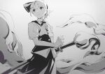  1girl black_hairband black_ribbon bow bowtie commentary_request cowboy_shot grey_background greyscale hair_ribbon hairband highres hitodama_print holding holding_sword holding_weapon kamabokopic katana konpaku_youmu monochrome ready_to_draw ribbon short_hair short_sleeves skirt solo sword tassel touhou vest weapon 