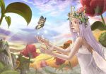  1girl arthropod_girl blue_sky bug butterfly closed_mouth cloud commentary_request crown dress flower gradient_sky in-universe_location insect_wings kawasemi_(pocorit) lens_flare long_hair looking_at_animal mistress_(ragnarok_online) mountainous_horizon orange_flower orange_sky pine_tree pink_flower plant purple_eyes purple_hair ragnarok_online red_flower sky sleeveless sleeveless_dress solo strapless strapless_dress sunset tree upper_body white_dress wings 